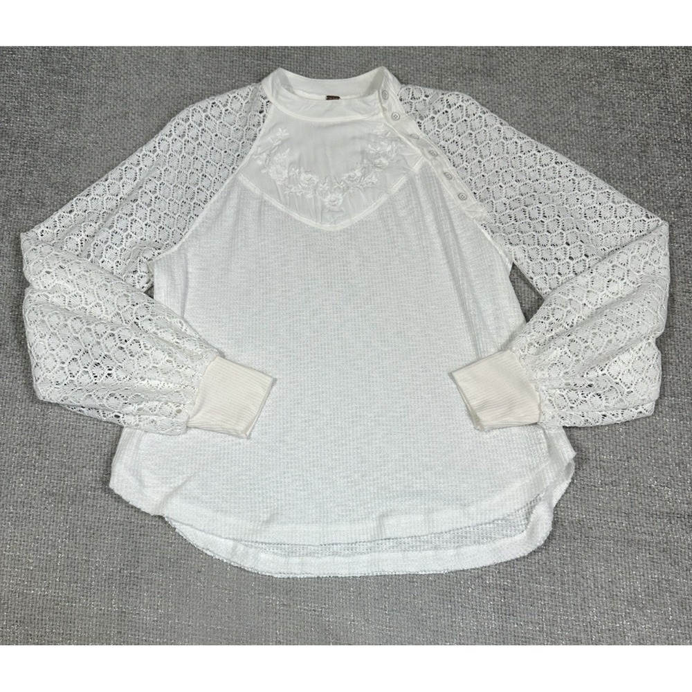 Free People Top Small Sweetest Thing Thermal White Embroidered Lace Long Sleeve - Picture 3 of 10